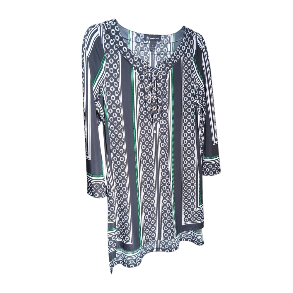 INC INTERNATIONAL CONCEPTS  TIE FRONT 1/4 SLEEVE BLACK,GREEN TUNIC TOP WOMENS M